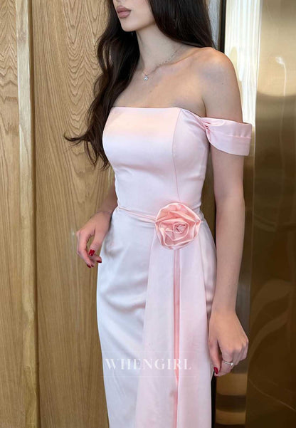 Blush Pink Off Shoulder 3D Floral Satin Maxi Cocktail Dress