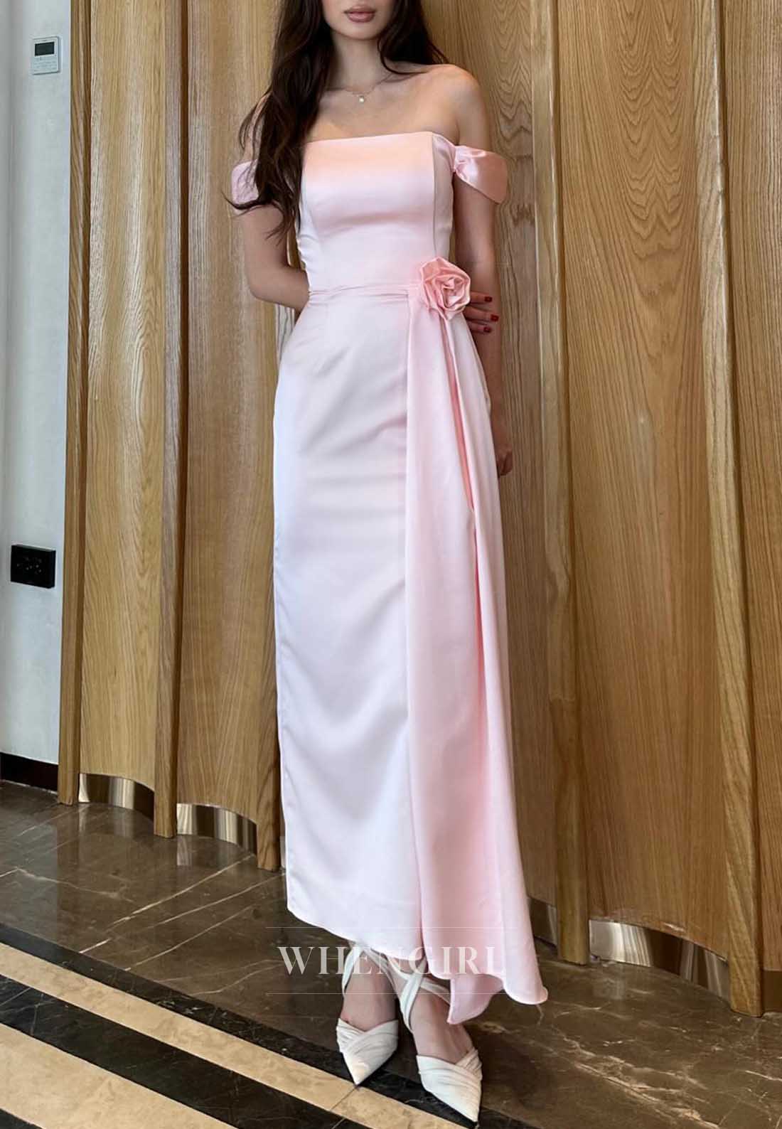 Blush Pink Off Shoulder 3D Floral Satin Maxi Cocktail Dress