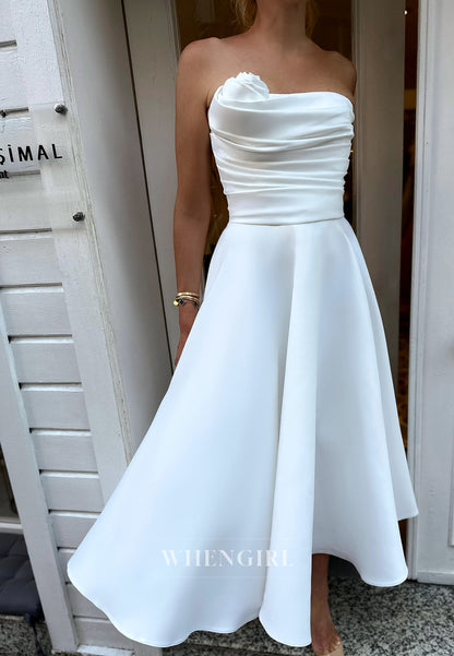 A-Line Pleated Satin Off the Shoulder Ankle-Length Simple Wedding Dress