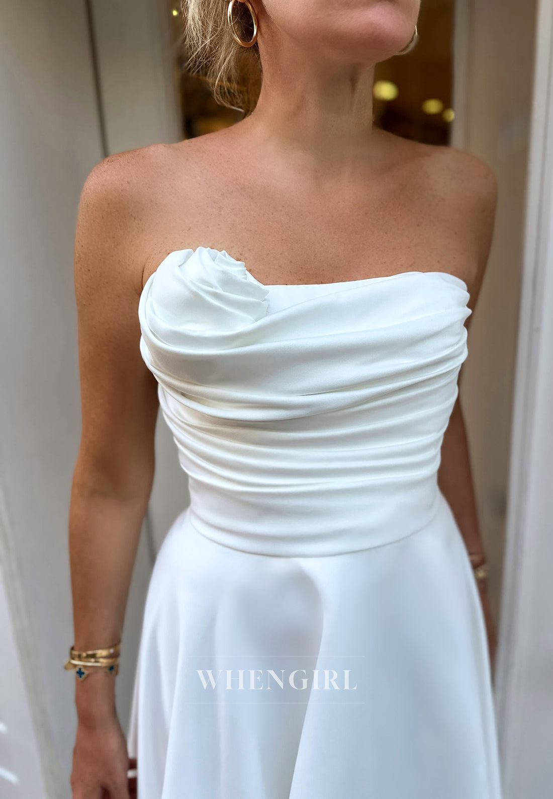 A-Line Pleated Satin Off the Shoulder Ankle-Length Simple Wedding Dress