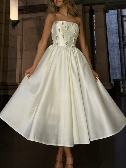 Tube Top Sleeveless Beaded Satin A-Line Wedding Dress