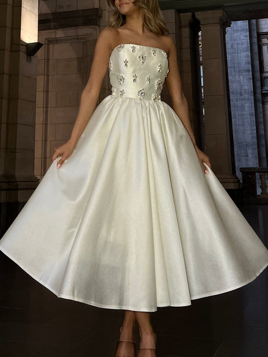 Tube Top Sleeveless Beaded Satin A-Line Wedding Dress