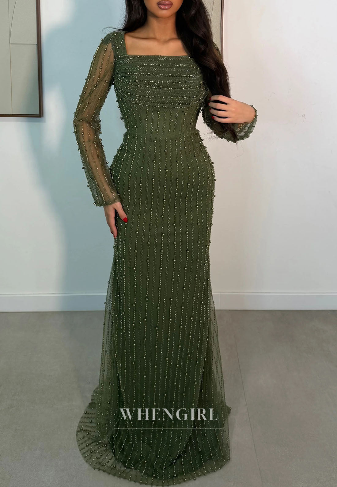 Sheath Square Neck Long Sleeves Beaded Sweep Train Evening Dress
