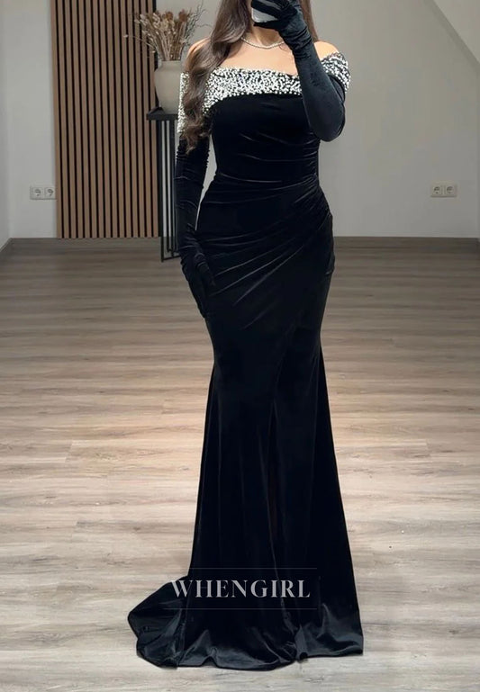 Mermaid Velvet Long Sleeves Beaded Asymmetrical Neck Evening Formal Dress