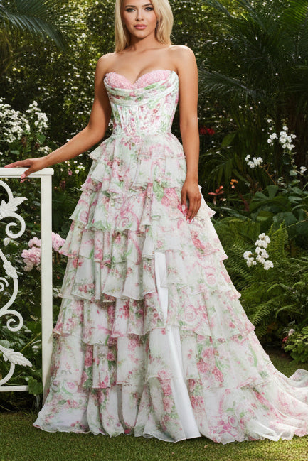 A-Line Side Slit Floral Print Ruffle Prom Dress