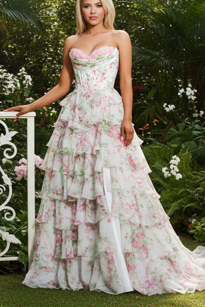 A-Line Side Slit Floral Print Ruffle Prom Dress