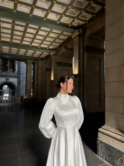 Satin High Neck Long Sleeves Pleated A-Line Simple Wedding Dress