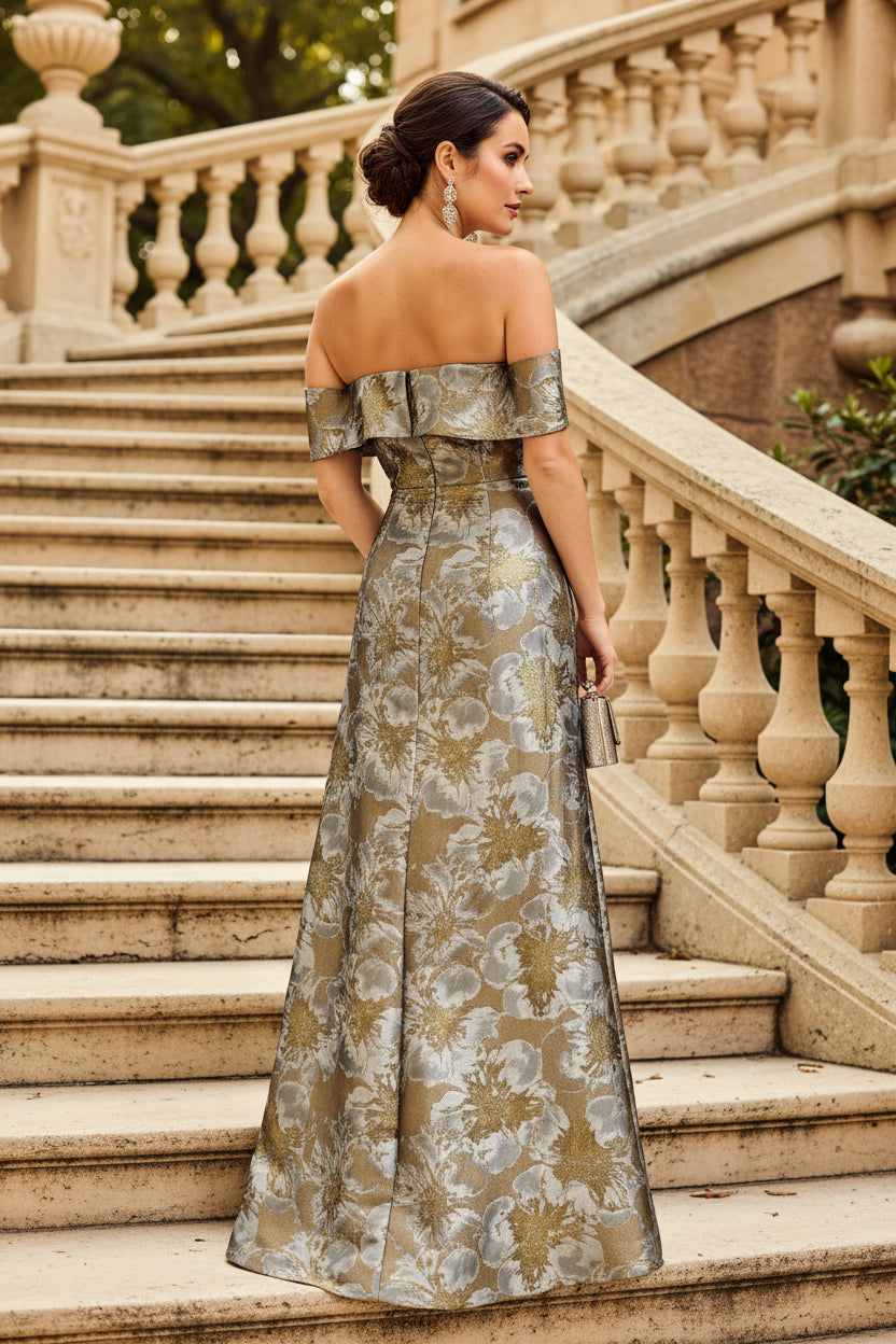 Trumpet Off Shoulder Floral Floor Length Mother of the Bride Dress