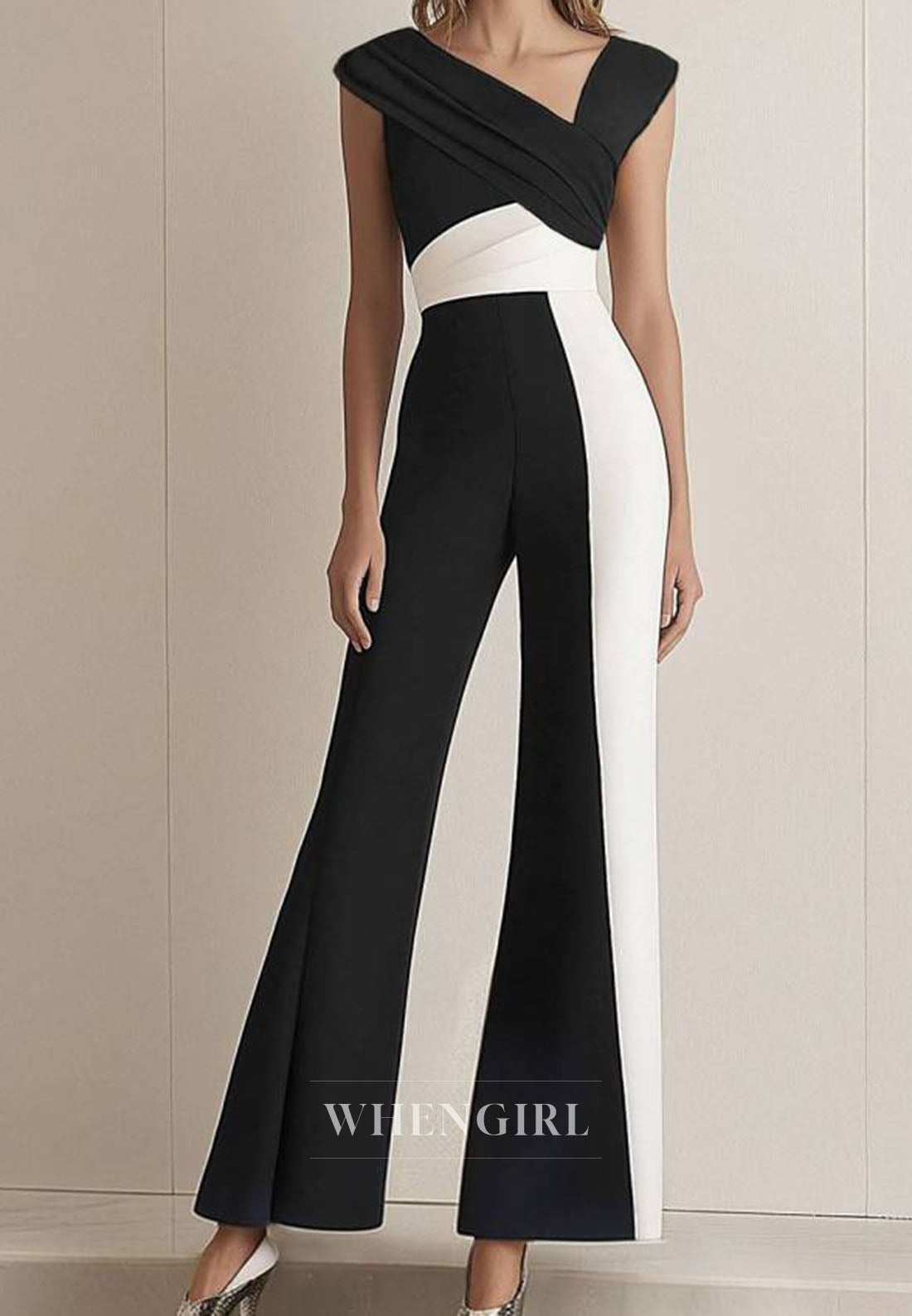 Daily Splicing color Asymmetrical Neck Sleeveless Satin Flared Jumpsuit/Pantsuit