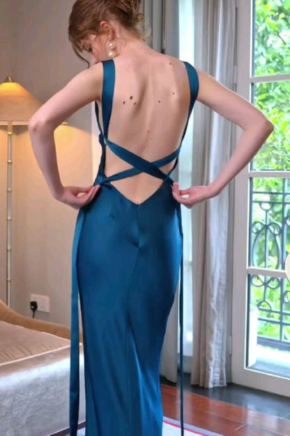 Charming Mermaid V Neck Blue Long Prom Dress with Open Back