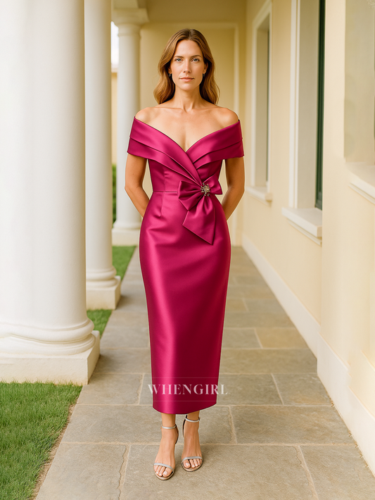 Off Shoulder Satin Pleats Column Elegant Short Mother of the Bride Dress
