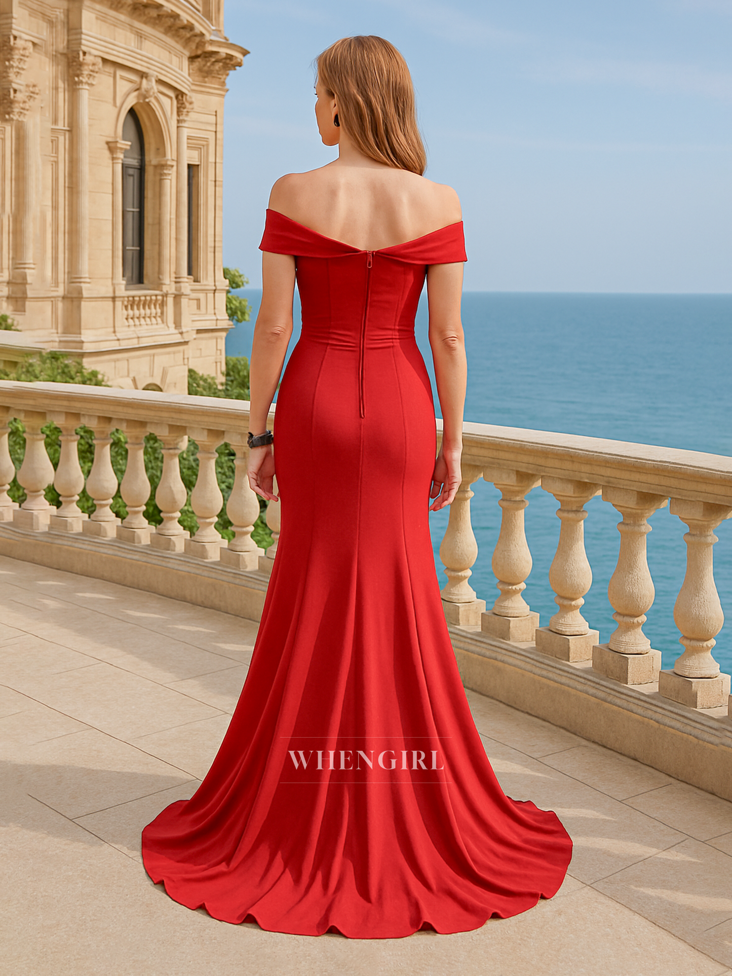 Off Shoulder Pleats Side Slit Red Elegant Long Mother of the Bride Dress