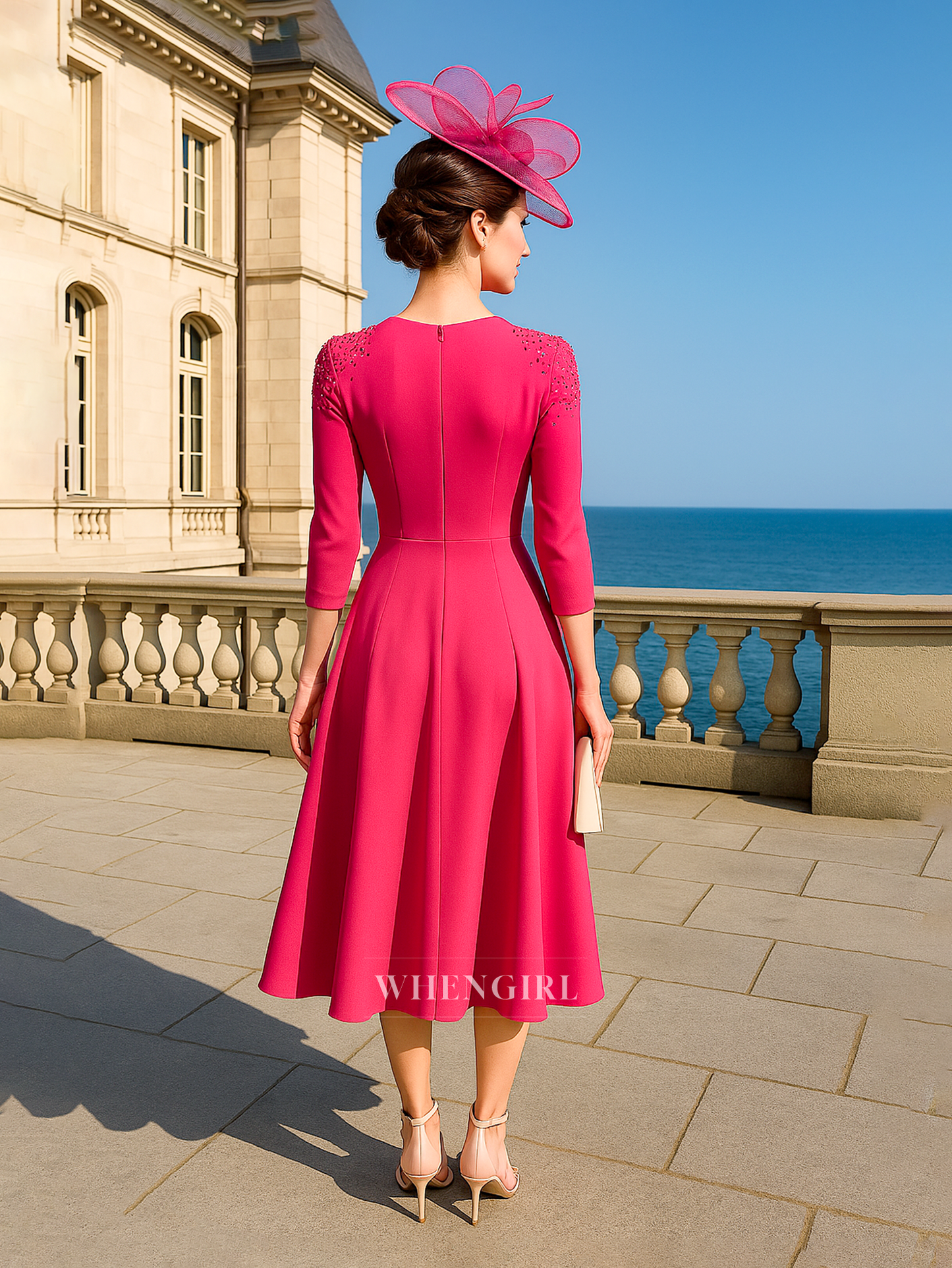 A Line Bateau Beads 3/4 Sleeves Elegant Short Mother of the Bride Dress