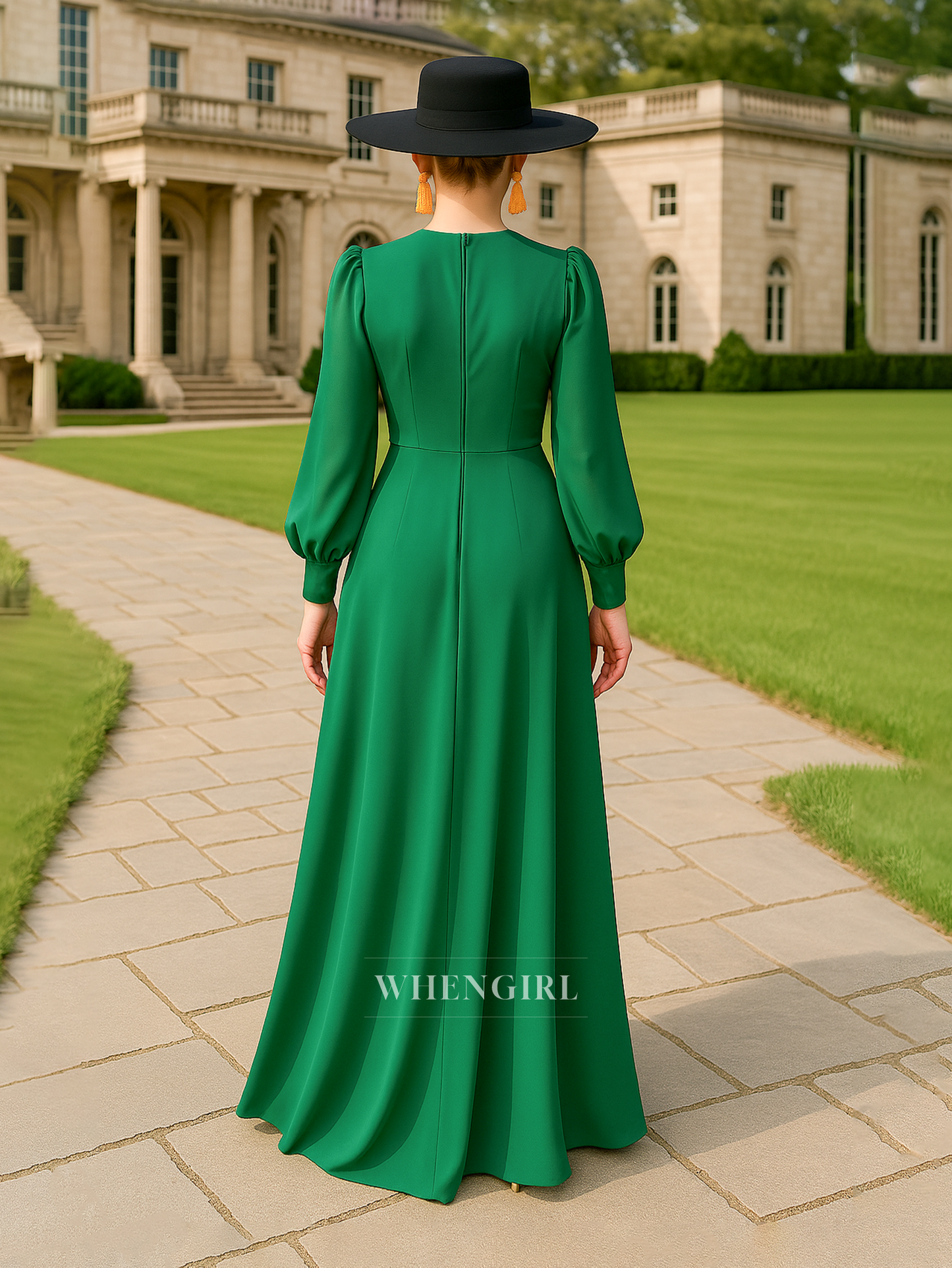 A Line V Neck Pleats Side Slit Long Sleeves Elegant Mother of the Bride Dress