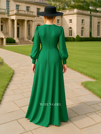 A Line V Neck Pleats Side Slit Long Sleeves Elegant Mother of the Bride Dress