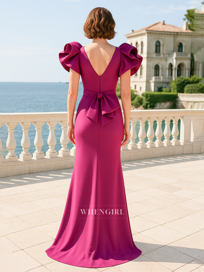 Column V Neck Short Sleeves Side Slit Elegant Long Mother of the Bride Dress