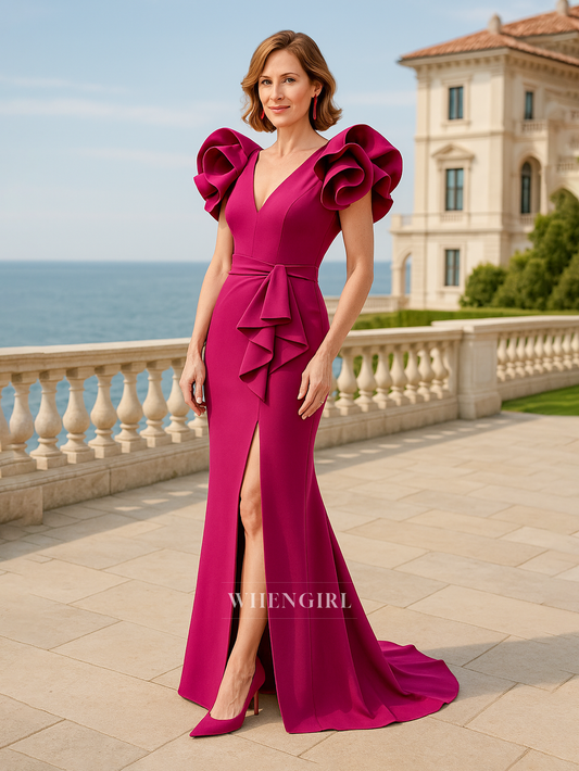 Column V Neck Short Sleeves Side Slit Elegant Long Mother of the Bride Dress
