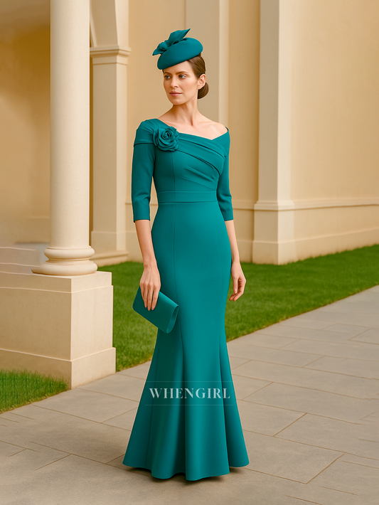 Asymmetrical Neck Flower Elegant 3/4 Sleeves Column Long Mother of the Bride Dress