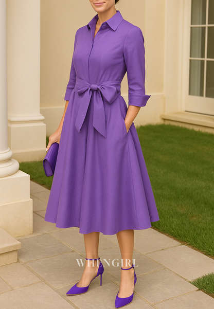 Tahiti A-Line Tea Length 3/4 Sleeves Bowknot Mother of the Bride Dress