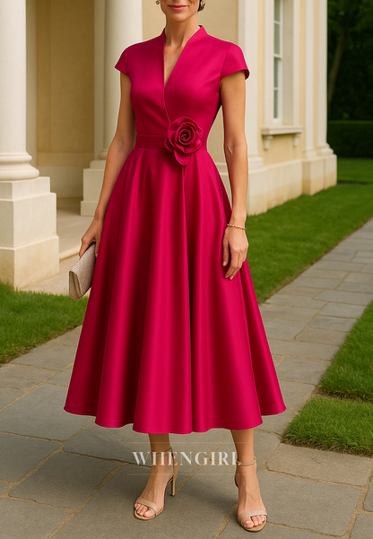 A-Line Tea Length Cap Sleeves V Neck 3D Flower Satin Mother of the Bride Dress