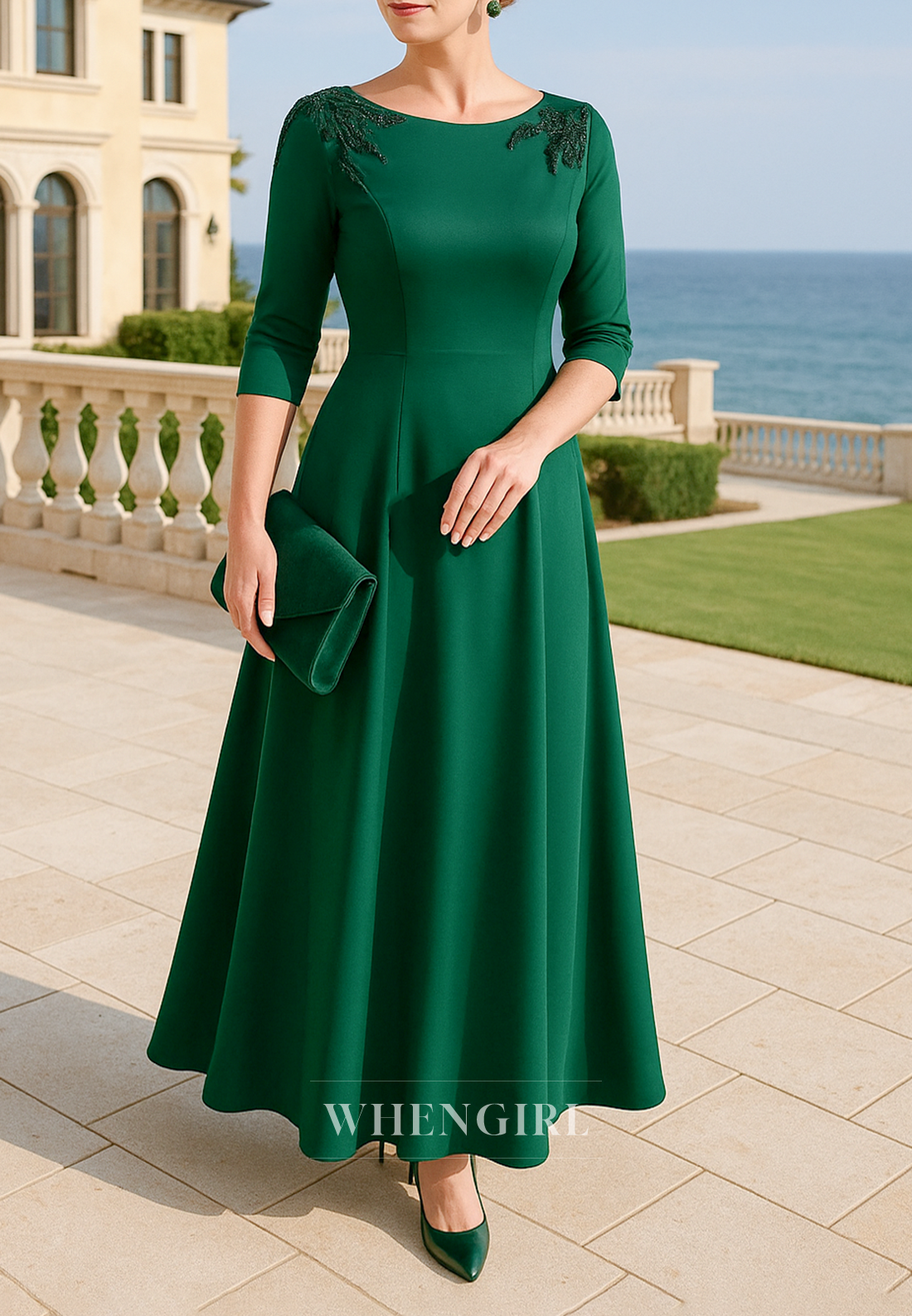 Green 3/4 Sleeves Scoop Neck A-Line Appliqued Ankle Length Mother of t WhenGirl Green 3/4 Sleeves Scoop Neck A-Line Appliqued Ankle Length Mother of t WhenGirl