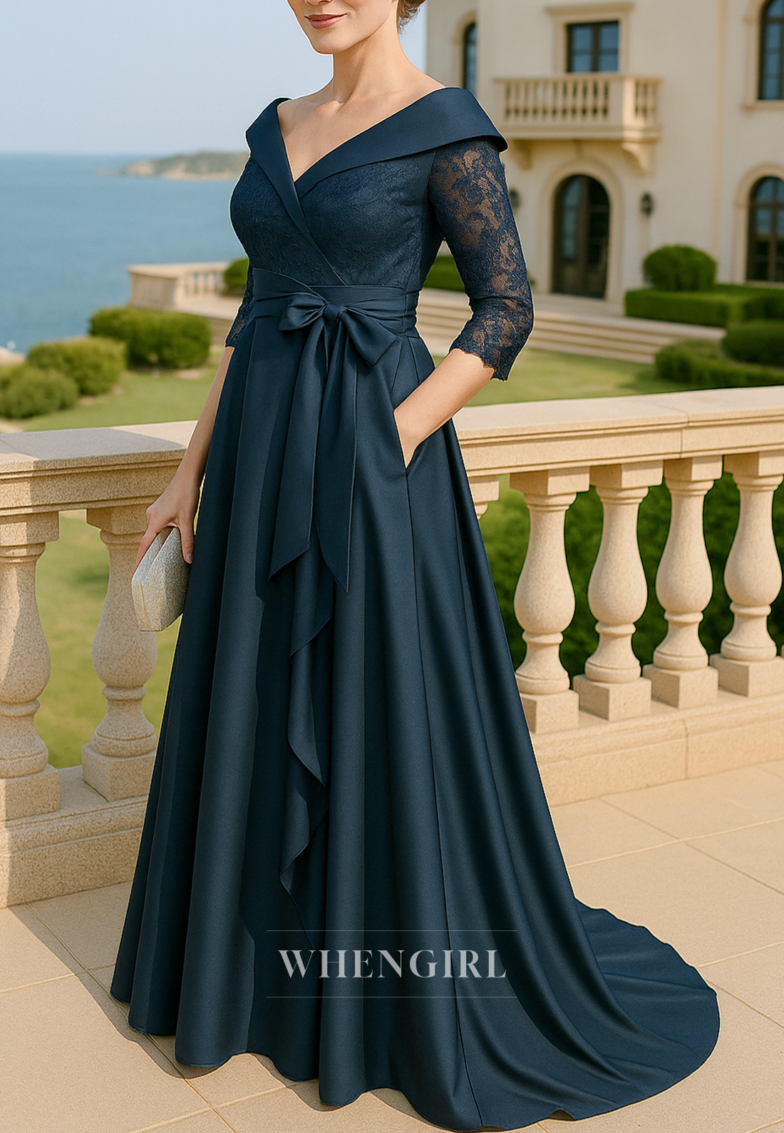 Bowknot Lace Half Sleeves Peacock A-Line Sweep Train V Neck Mother of the Bride Dress