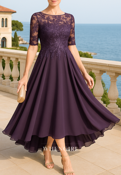 Raspberry Ruffles Tea Length Appliqued Lace A-Line Chiffon Mother of the Bride Dress
