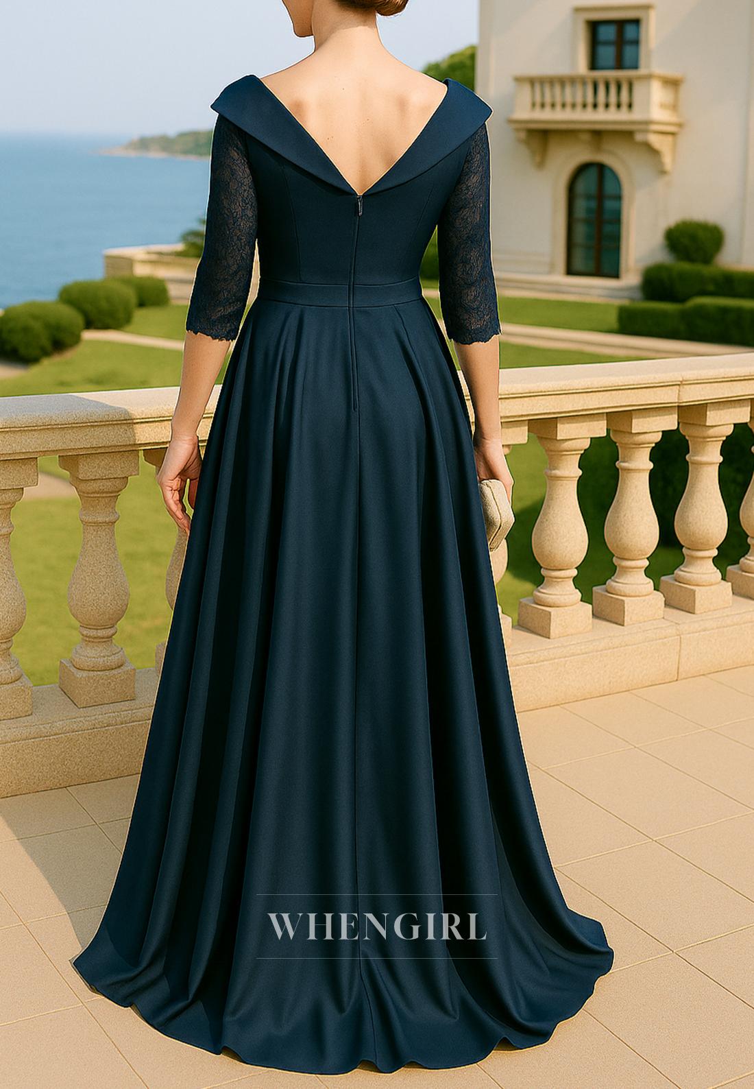 Bowknot Lace Half Sleeves Peacock A-Line Sweep Train V Neck Mother of the Bride Dress