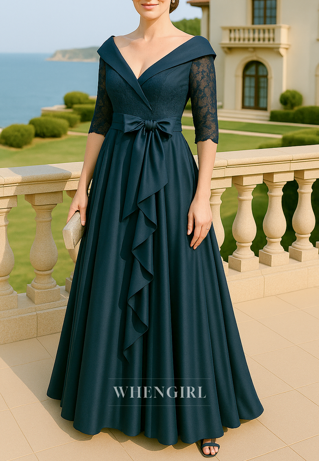 Bowknot Lace Half Sleeves Peacock A-Line Sweep Train V Neck Mother of the Bride Dress