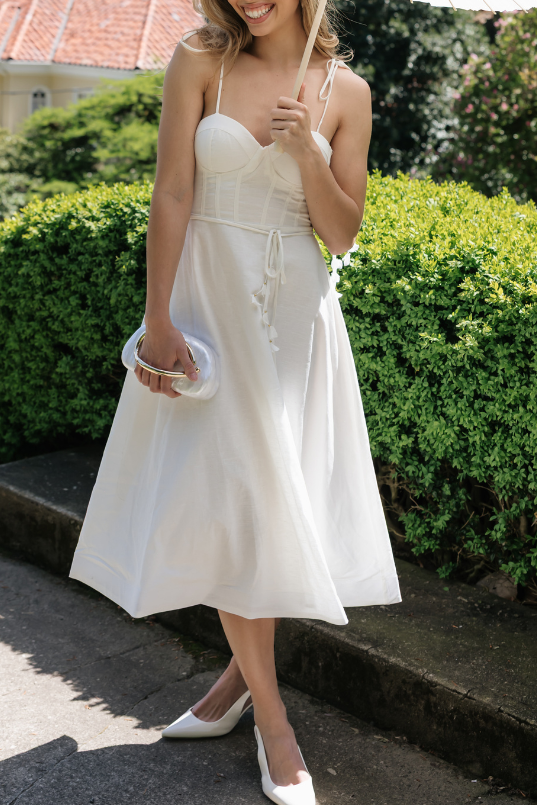 White Sweetheart Spaghetti Straps Midi Dress