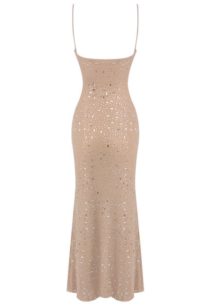 Chic Beige Sequined Off-Shoulder Sheath Evening Prom Party Dress