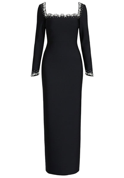 Chic Black Satin V-Neck Long Sleeve Beaded Prom Dresses for Formal Evening Events