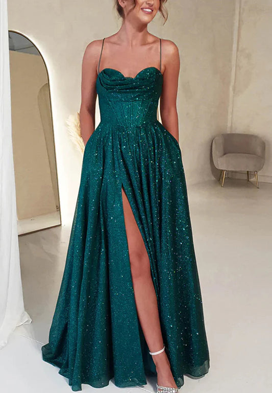 A-Line Sweetheart Sleeveless Stripe Pleated Glitter Knit Prom Dress with Train Formal Dress