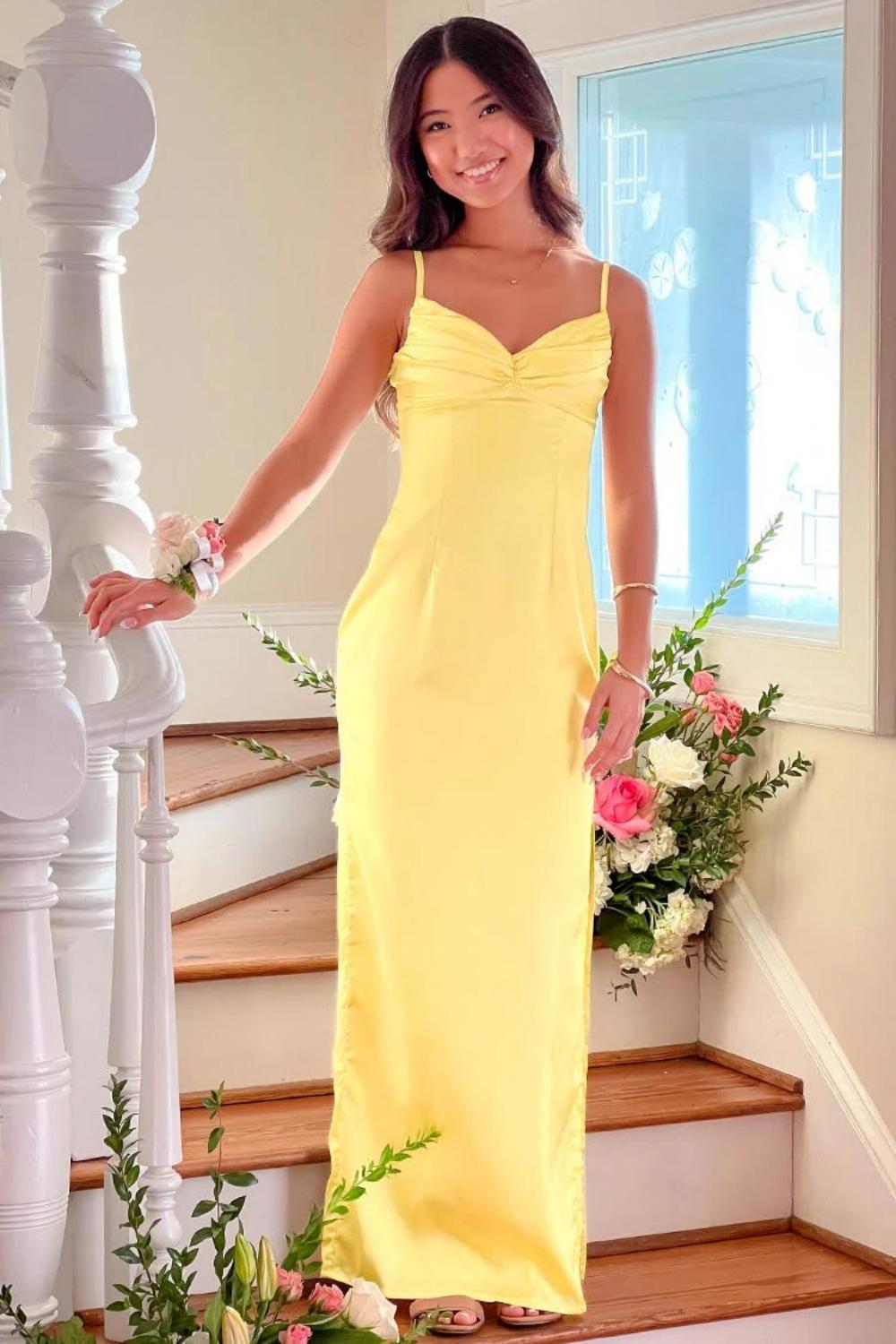 Classic Sheath Spaghetti Straps Long Prom Dress with Split Front