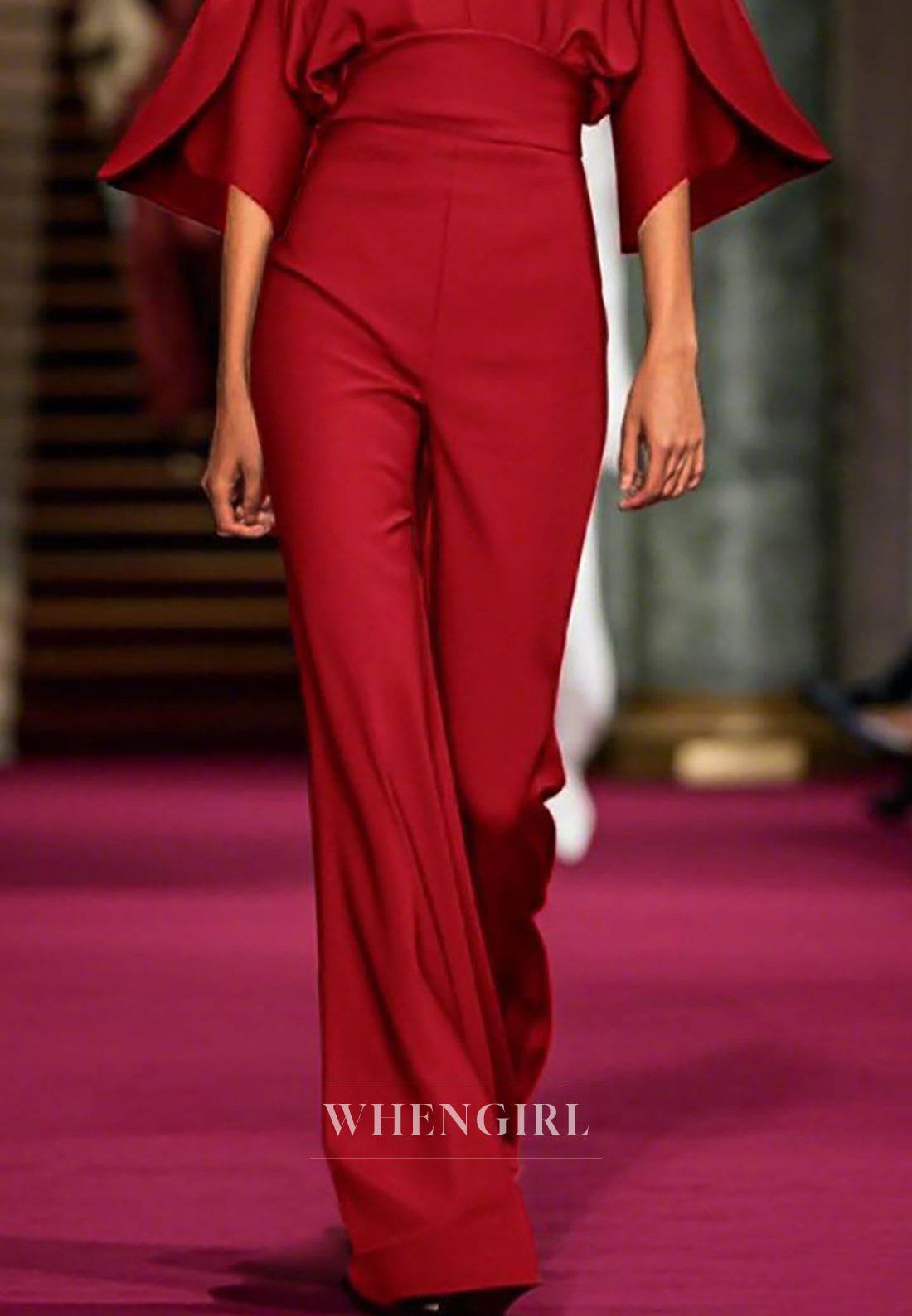 Evening Party Jumpsuit Bell Sleeves Deep V Neck Sheath Satin Jumpsuit