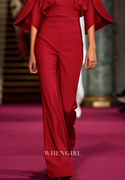 Evening Party Jumpsuit Bell Sleeves Deep V Neck Sheath Satin Jumpsuit