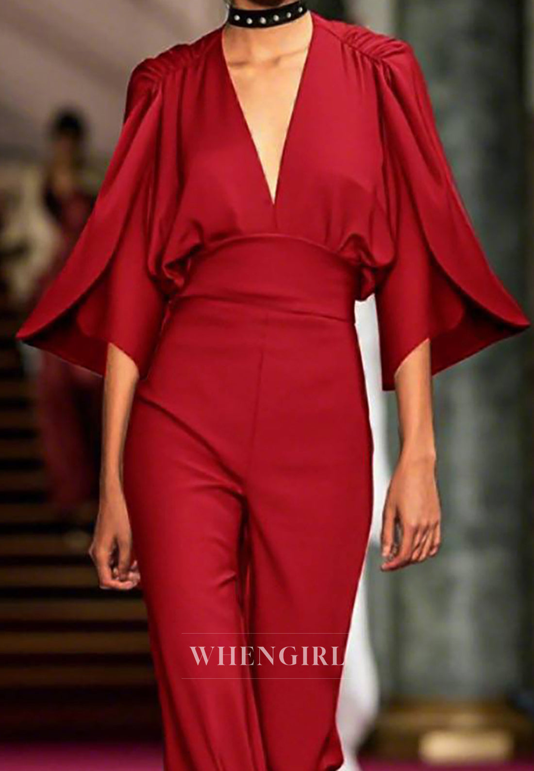 Evening Party Jumpsuit Bell Sleeves Deep V Neck Sheath Satin Jumpsuit