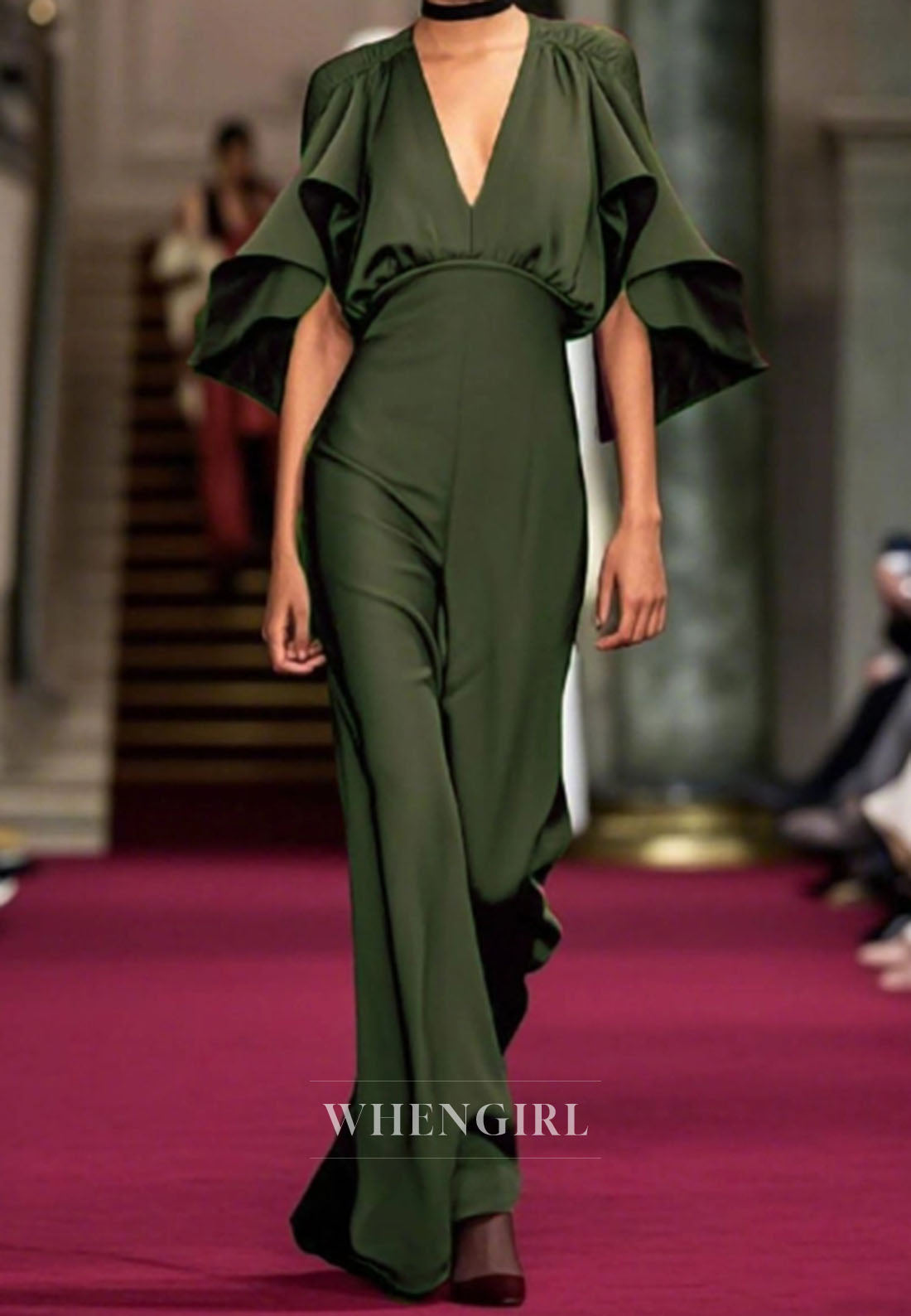 Evening Party Jumpsuit Bell Sleeves Deep V Neck Sheath Satin Jumpsuit