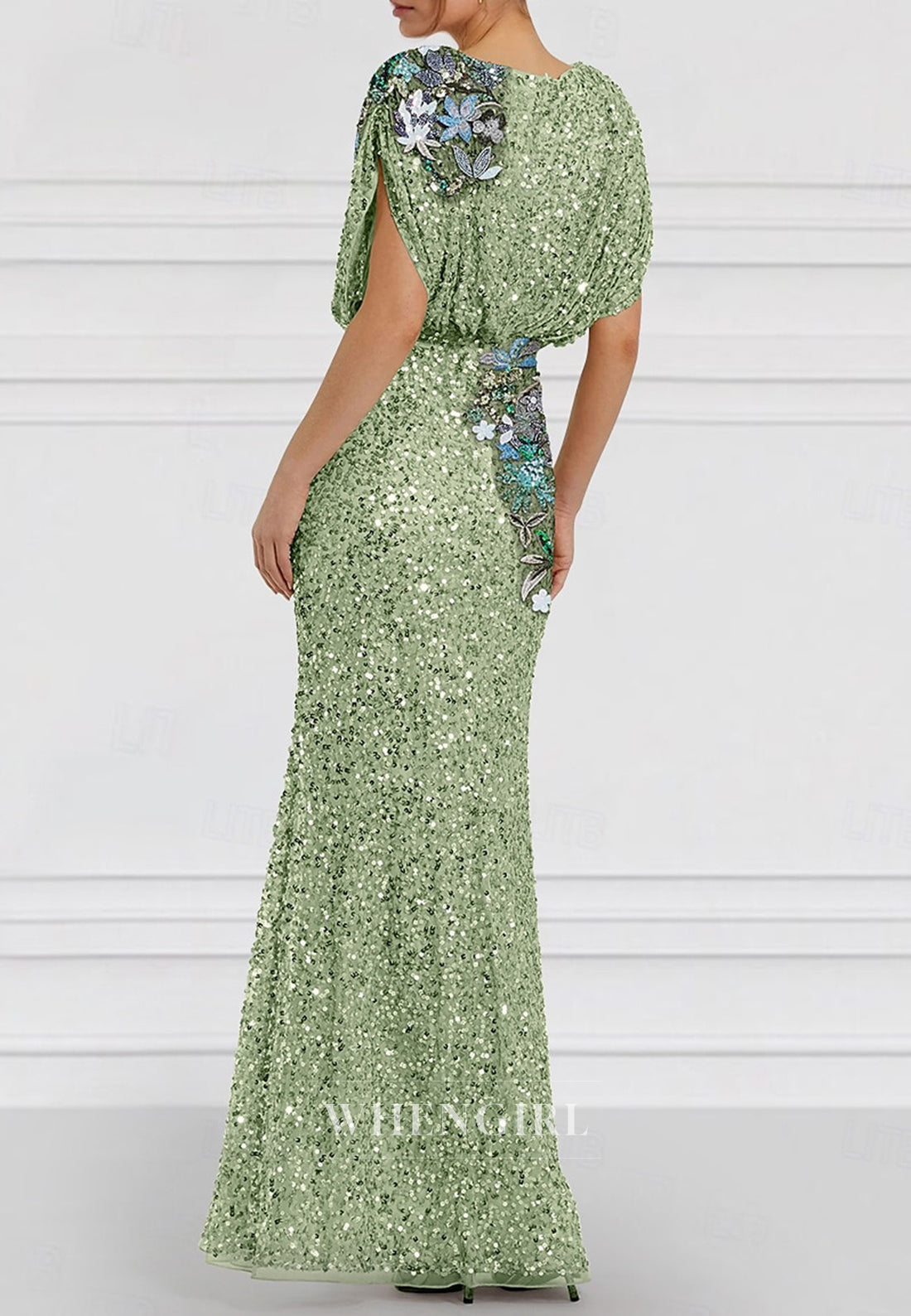 Sheath V Neck Short Sleeves Beaded Sequins Mother of the Bride Dress