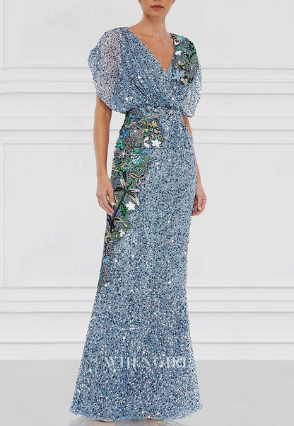 Sheath V Neck Short Sleeves Beaded Sequins Mother of the Bride Dress