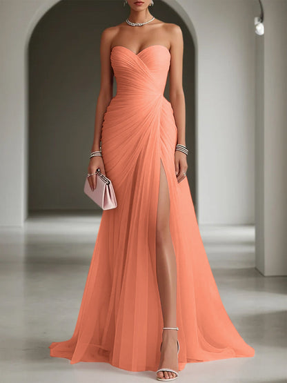 Ruched Slit Tulle Strapless Sleeveless Sheath Formal Gown