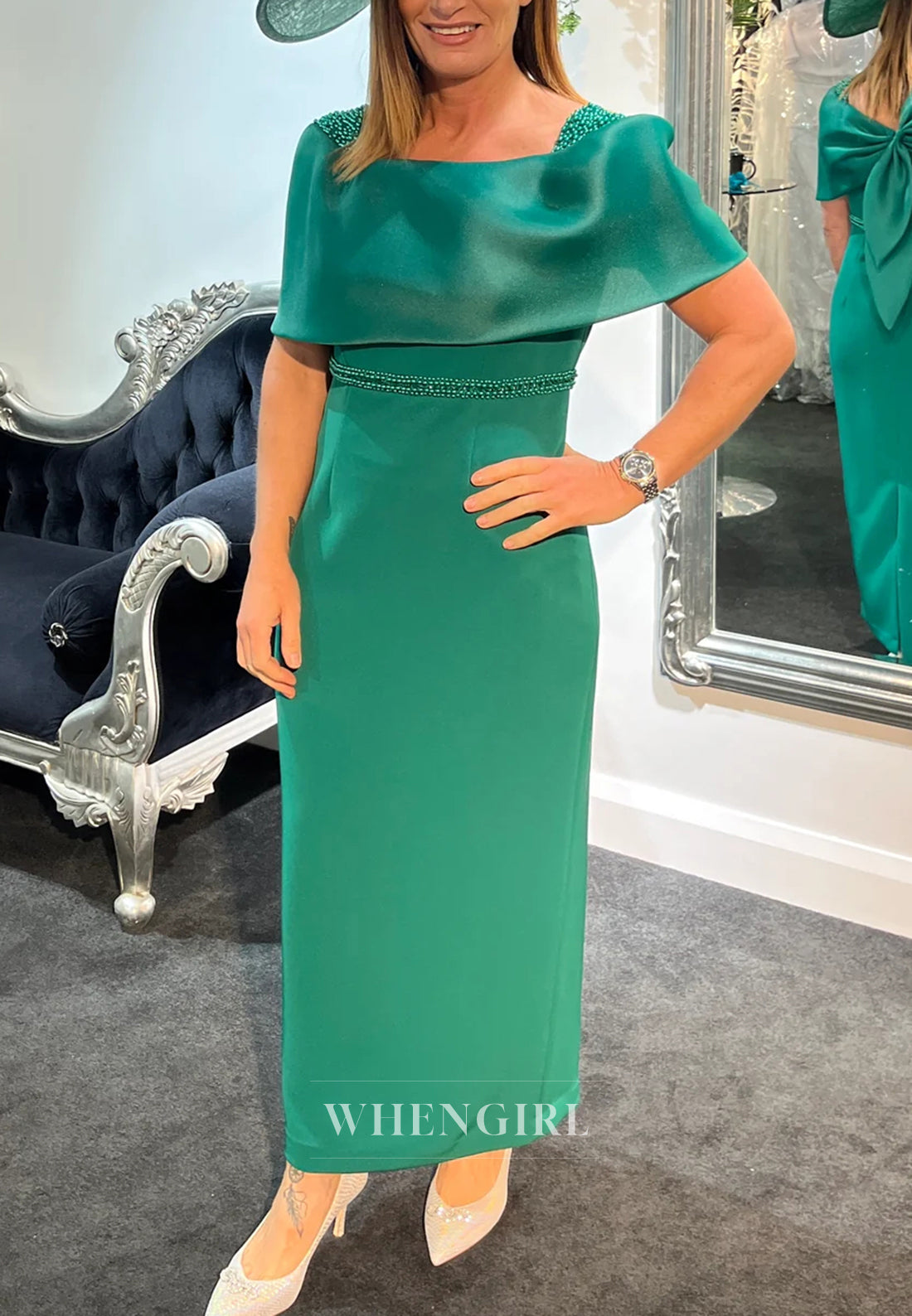 Sheath Square Neck Beaded Bowknot Short Sleeves Mother of the Bride Dress