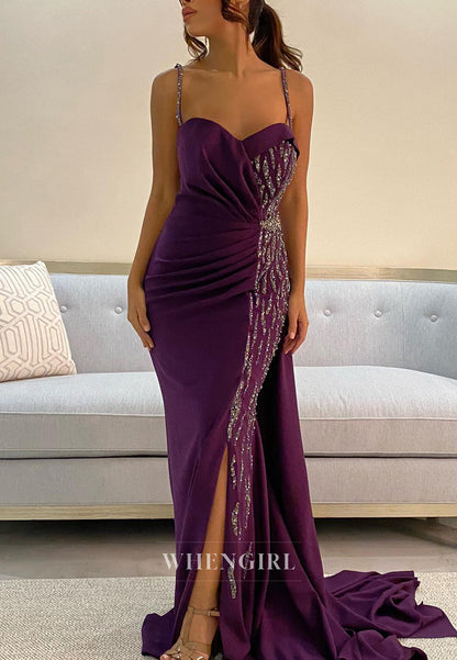 Grape Spaghetti Straps Sweetheart Pleated Sweep Train Side Slit Chiffon Mermaid Formal Evening Dress