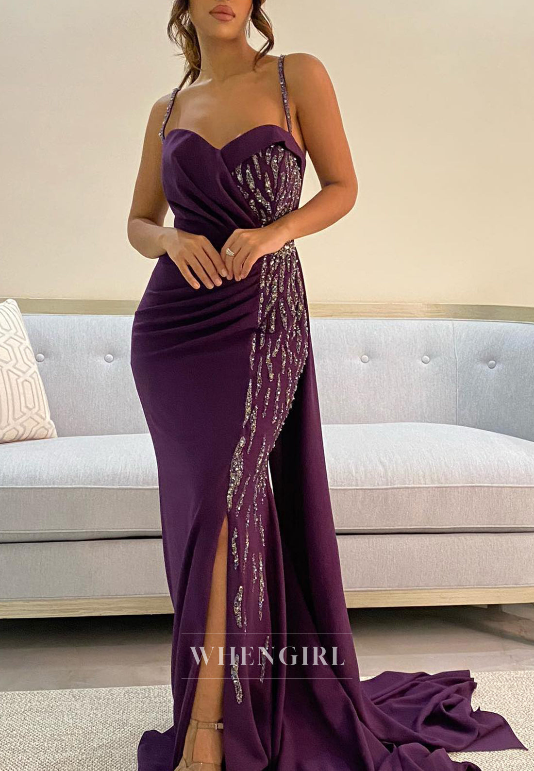 Grape Spaghetti Straps Sweetheart Pleated Sweep Train Side Slit Chiffon Mermaid Formal Evening Dress