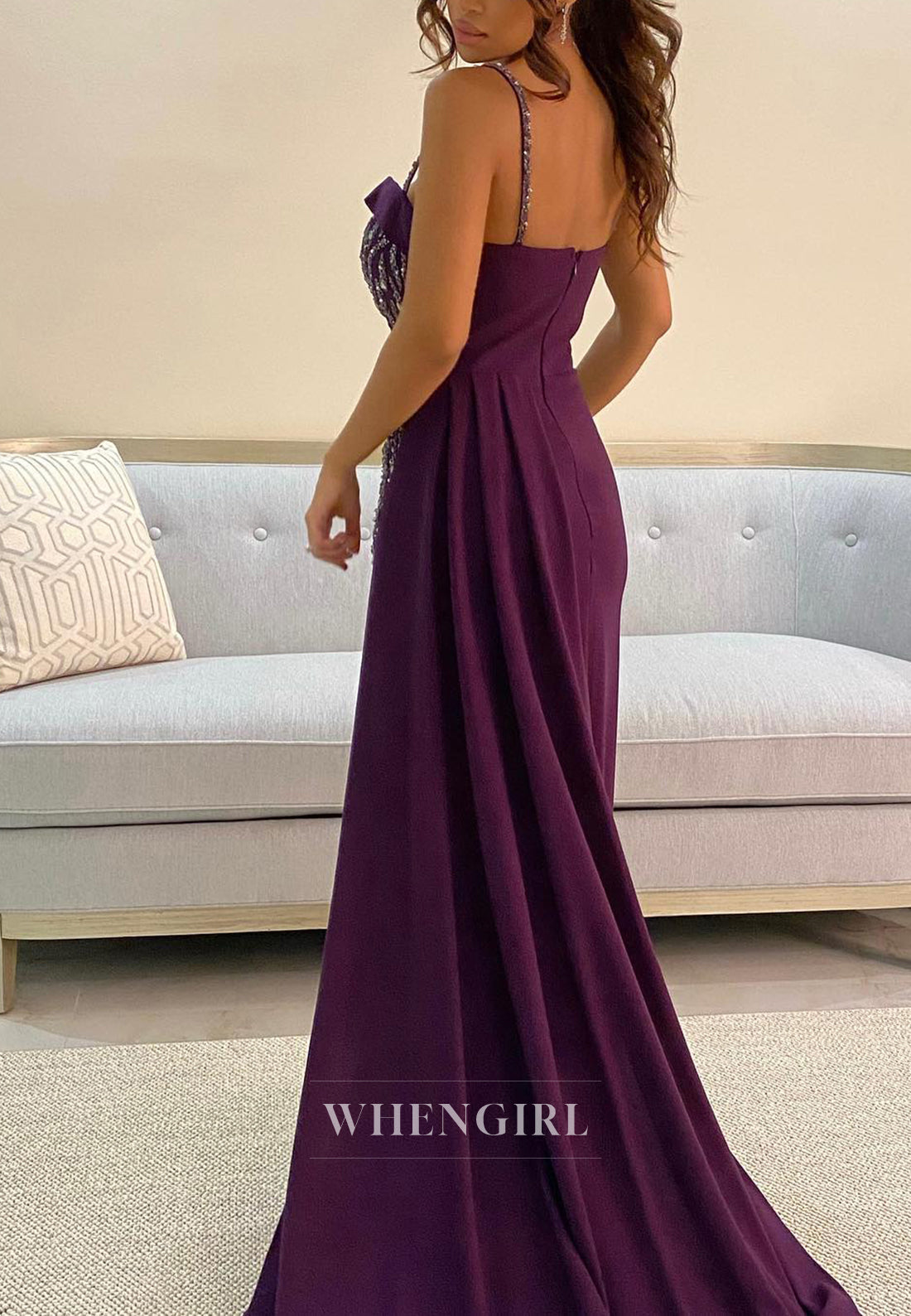 Grape Spaghetti Straps Sweetheart Pleated Sweep Train Side Slit Chiffon Mermaid Formal Evening Dress