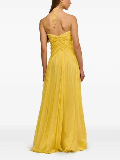 Yellow Halter Back Zipper Ruched Chiffon Formal Dress