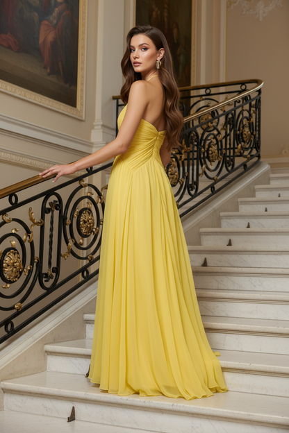 Yellow Halter Back Zipper Ruched Chiffon Formal Dress