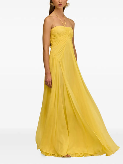 Yellow Halter Back Zipper Ruched Chiffon Formal Dress
