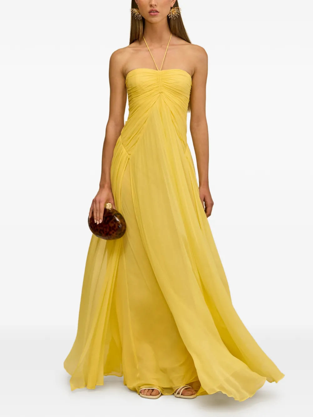 Yellow Halter Back Zipper Ruched Chiffon Formal Dress