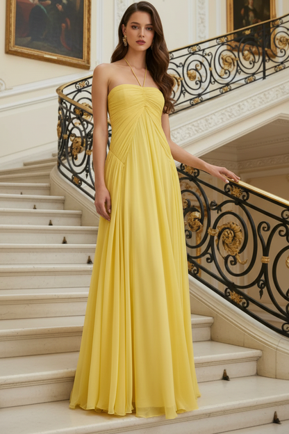 Yellow Halter Back Zipper Ruched Chiffon Formal Dress